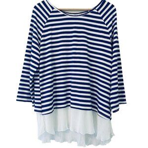 Kaktus Womens XL Blue White Nautical Striped Layered Chic Classic Stretch Blouse